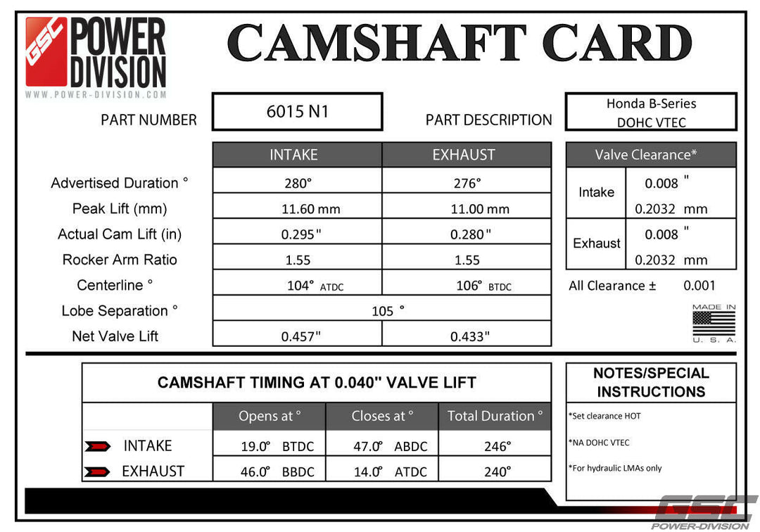 GSC Power-Division Honda B-series Vtec N1 Camshafts Motor Vehicle Engine Parts GSC POWER DIVISION   