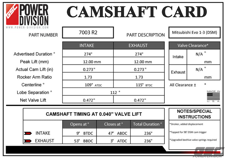 GSC Power-Division Billet Evo 1-3  R2 Stroker Camshafts Motor Vehicle Engine Parts GSC POWER DIVISION   