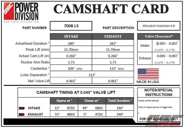 GSC Power-Division Billet Evolution 4-8 L3 Solid Lifter Camshafts Motor Vehicle Engine Parts GSC POWER DIVISION   