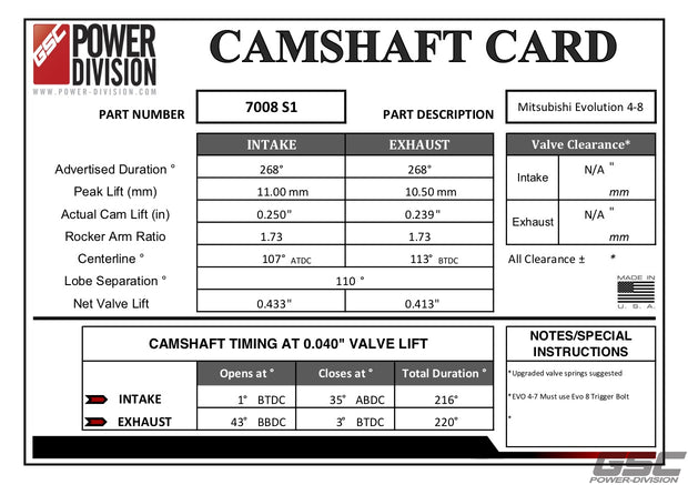 GSC Power-Division Billet Evolution 4-8 S1 Camshafts Motor Vehicle Engine Parts GSC POWER DIVISION   