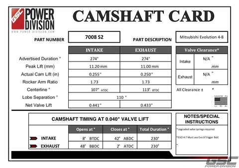 GSC Power Division Billet Evolution 4-8 S2 Camshafts Motor Vehicle Engine Parts GSC POWER DIVISION   