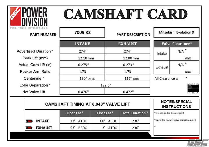 GSC Power-Division Billet Evolution 9 Mivec Stroker R2 Camshafts Motor Vehicle Engine Parts GSC POWER DIVISION   