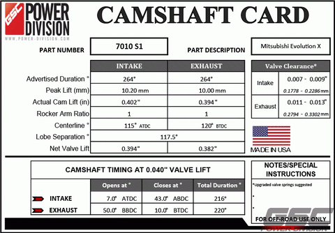 GSC Power-Division Billet Evolution X S1 Camshafts Motor Vehicle Engine Parts GSC POWER DIVISION   