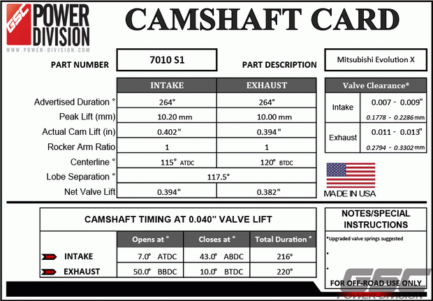 GSC Power-Division Billet Evolution X S1 Camshafts.