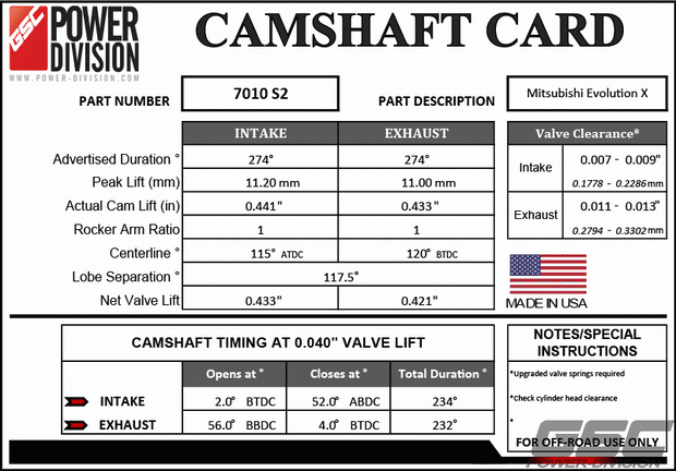 GSC Power-Division Billet Evolution X S2 Camshafts.