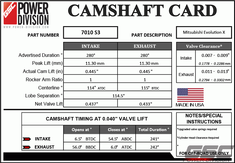 GSC Power-Division Billet Evolution X S3 Camshafts Motor Vehicle Engine Parts GSC POWER DIVISION   