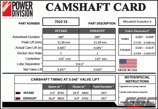 GSC Power-Division Billet Evolution X S3 Camshafts.