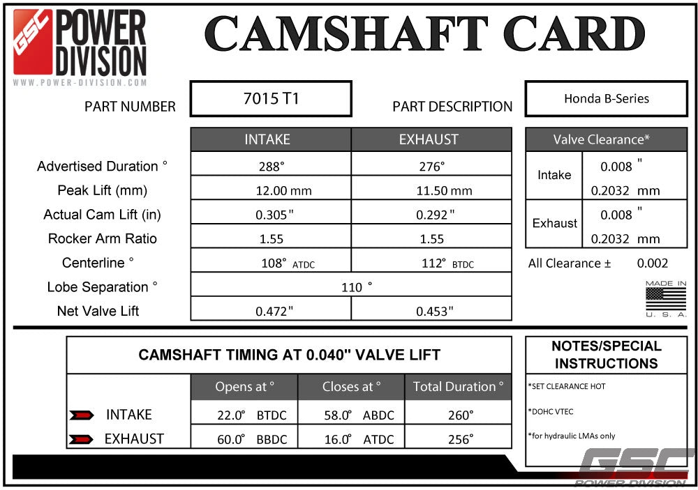 GSC Power Division Billet Honda B-series Vtec T1 Turbo Camshafts Motor Vehicle Engine Parts GSC POWER DIVISION   
