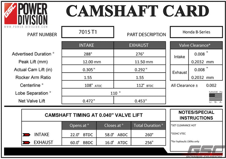 GSC Power Division Billet Honda B-series Vtec T1 Turbo Camshafts Motor Vehicle Engine Parts GSC POWER DIVISION   