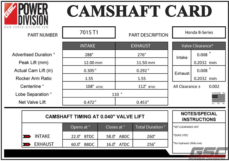 GSC Power Division Billet Honda Bseries Vtec T1 Turbo Camshafts GSC