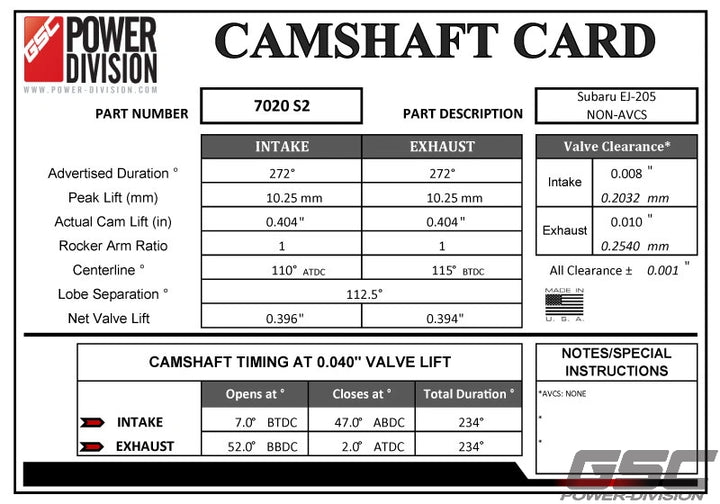 GSC S2 Billet Camshaft set for NON AVCS Subaru WRX EJ20 Motor Vehicle Engine Parts GSC POWER DIVISION   