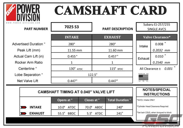 GSC Billet S3 Camshaft set for Subaru EJ255/7 with Intake AVCS.