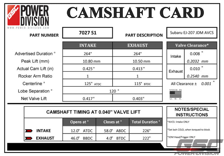 GSC Power-Division Billet S1 Camshaft set for EJ207 JDM/EURO WRX & STi V7+ Motor Vehicle Engine Parts GSC POWER DIVISION   