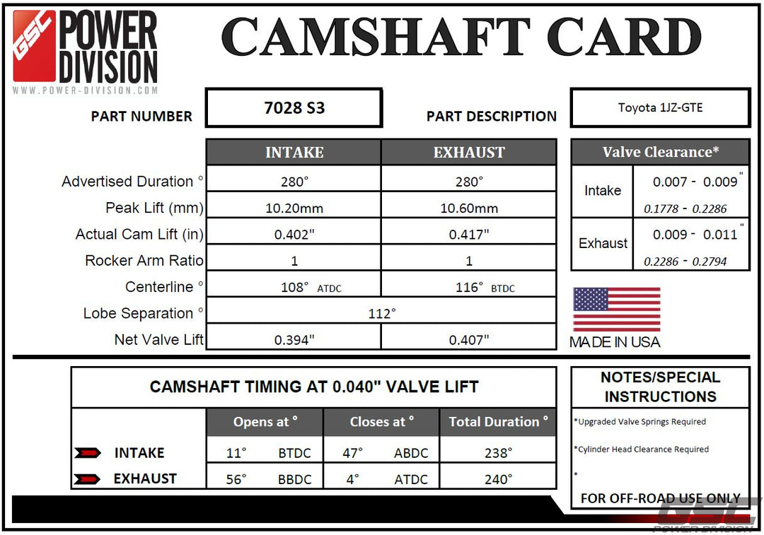 GSC Power-Division Billet 1JZ-GTE S3 Camshafts Motor Vehicle Engine Parts GSC POWER DIVISION   