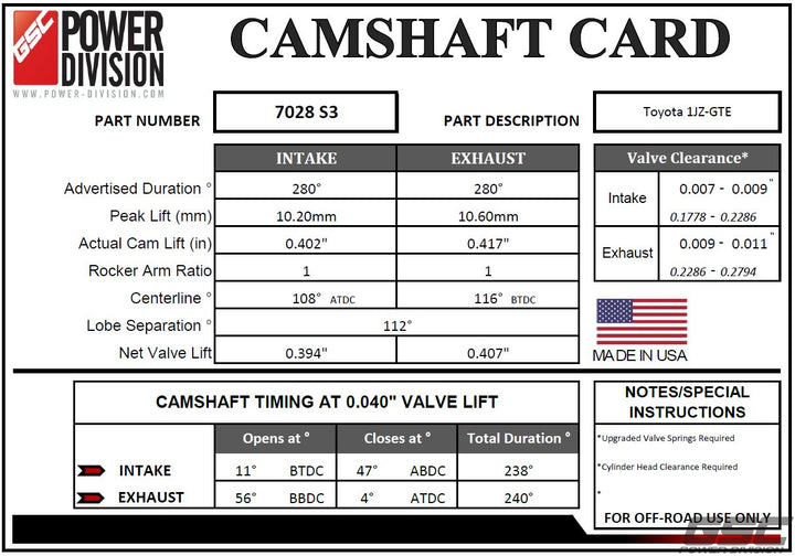 GSC Power-Division Billet 1JZ-GTE S3 Camshafts Motor Vehicle Engine Parts GSC POWER DIVISION   