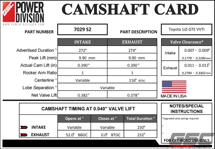 GSC Power-Division Billet 1JZ-GTE VVTi S2 Camshafts Motor Vehicle Engine Parts GSC POWER DIVISION   