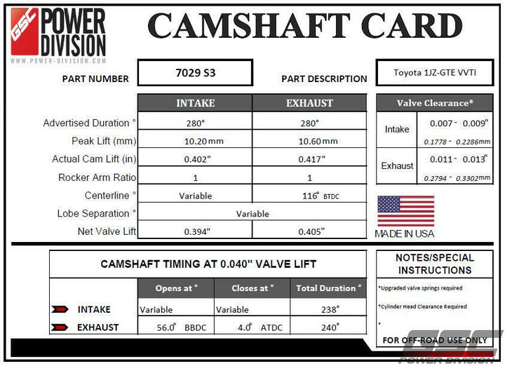 GSC Power-Division Billet 1JZ-GTE VVTi S3 Camshafts Motor Vehicle Engine Parts GSC POWER DIVISION   
