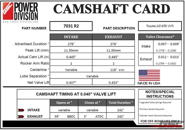 GSC Power-Division Billet VVTI 2JZ-GTE R2 Camshafts.