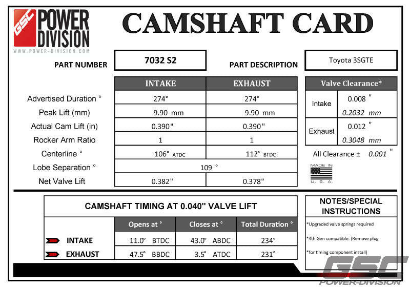 GSC Power-Division Billet Gen 2 3SGTE S2 Camshafts Motor Vehicle Engine Parts GSC POWER DIVISION   
