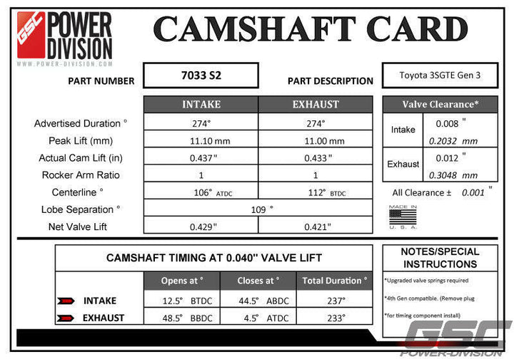 GSC Power-Division Billet Gen 3 3SGTE S2 Camshafts Motor Vehicle Engine Parts GSC POWER DIVISION   