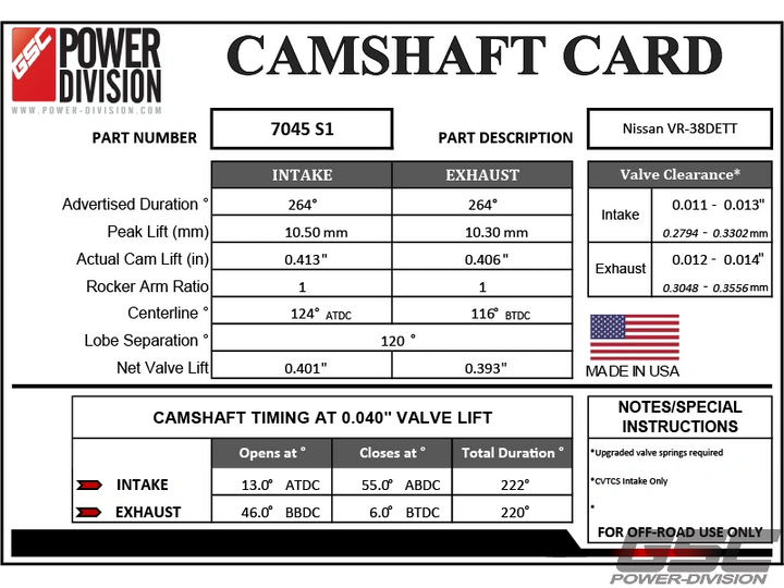 GSC Power-Division Billet S1 camshaft set Nissan VR38DETT GT-R Motor Vehicle Engine Parts GSC POWER DIVISION   