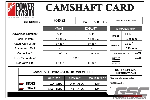 GSC Power Division Billet S2 camshaft set for Nissan VR38DETT GT-R Motor Vehicle Engine Parts GSC POWER DIVISION   