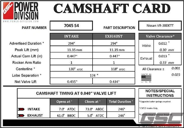 GSC Power Division Billet S4 camshaft Nissan VR38DETT GTR.