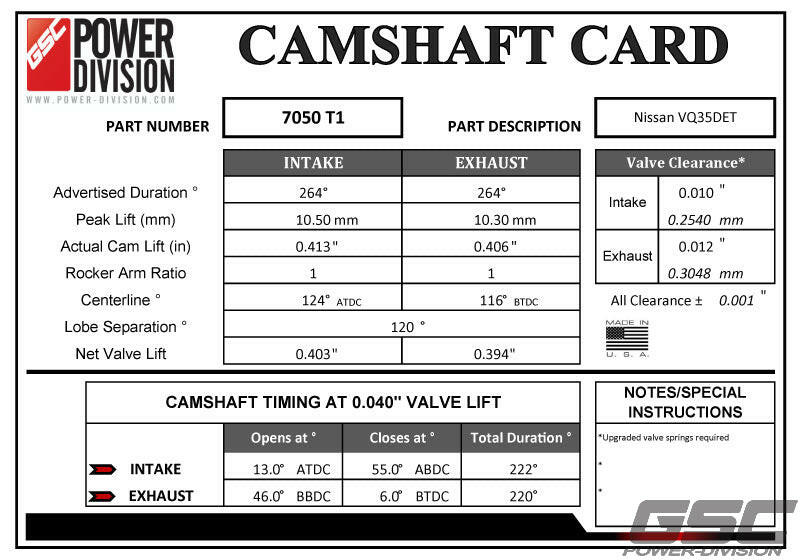 GSC Power-Division Billet VQ35DE T1 Camshafts Motor Vehicle Engine Parts GSC POWER DIVISION   
