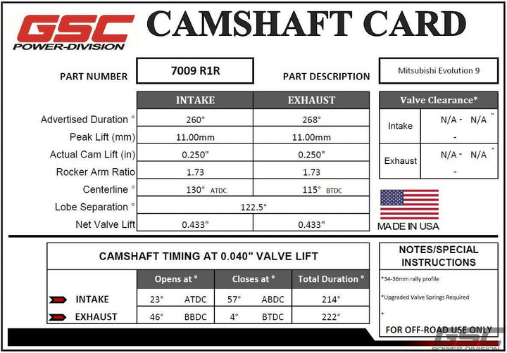 GSC Power-Division Billet Evolution 9 Mivec R1R Rally Camshafts Motor Vehicle Engine Parts GSC POWER DIVISION   