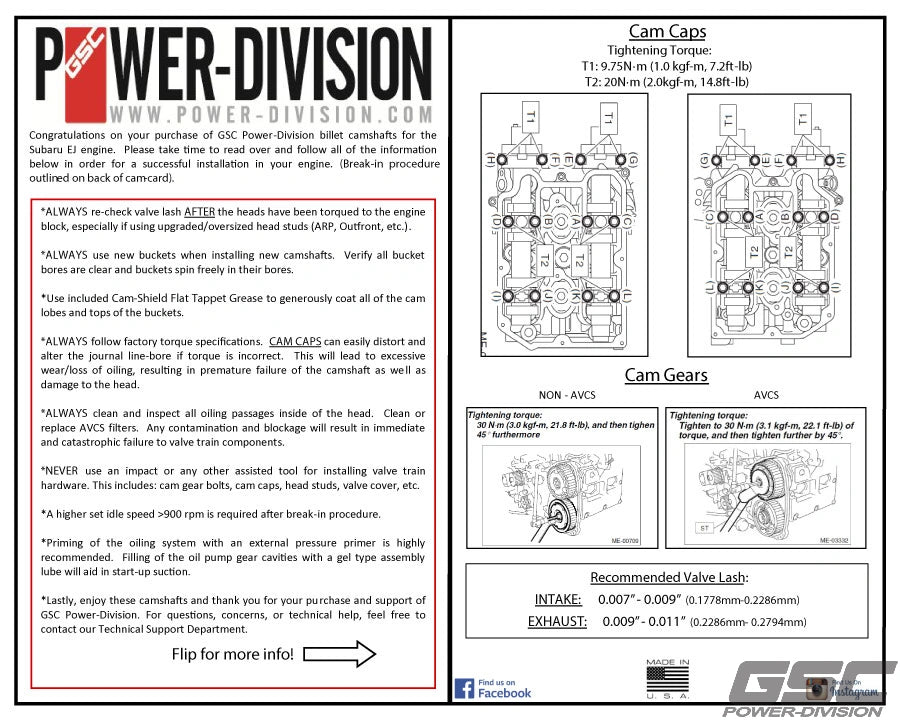 GSC Billet S3 Camshaft set for Subaru EJ255/7 with Intake AVCS Motor Vehicle Engine Parts GSC POWER DIVISION   