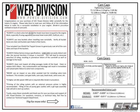 GSC Power Division Billet S3 Camshaft set for Subaru EJ257 Dual AVCS.